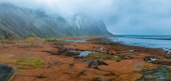 Aerial View Viking Village Stormy Rainy Day Stokksnes Vestrahorn Mountain — Stock Photo, Image