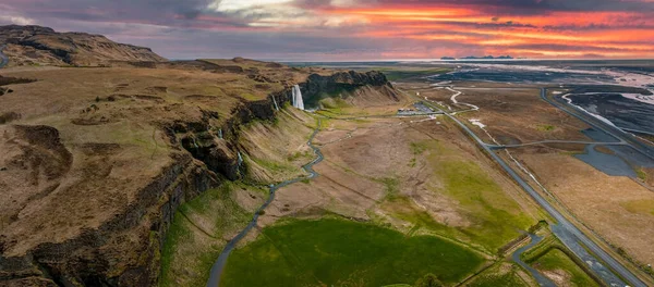 Vista Aérea Seljalandsfoss Localizado Região Sul Islândia Bem Perto Rota — Fotografia de Stock