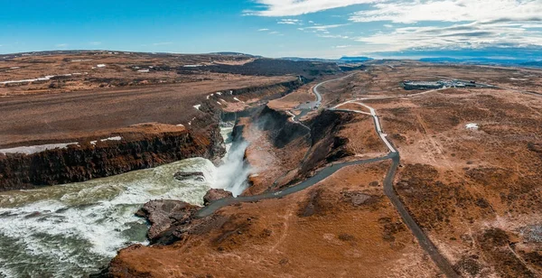 Vista Aérea Panorâmica Destino Turístico Popular Cachoeira Gullfoss Nascente Dramática — Fotografia de Stock