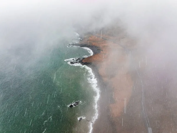 Aerial Icelandic Landscape Ketubjorg Evening Dusk Cloudy Coastline Ocean Grassland — Stock Photo, Image