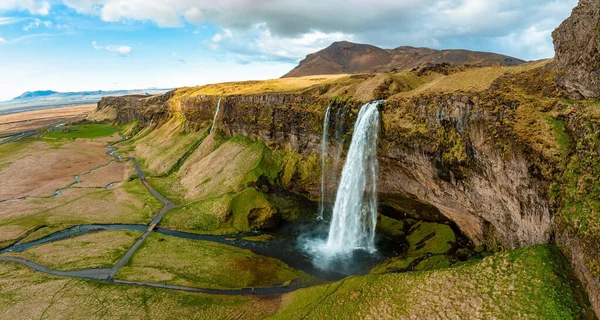 Αεροφωτογραφία Του Seljalandsfoss Που Βρίσκεται Στη Νότια Περιοχή Της Ισλανδίας — Φωτογραφία Αρχείου