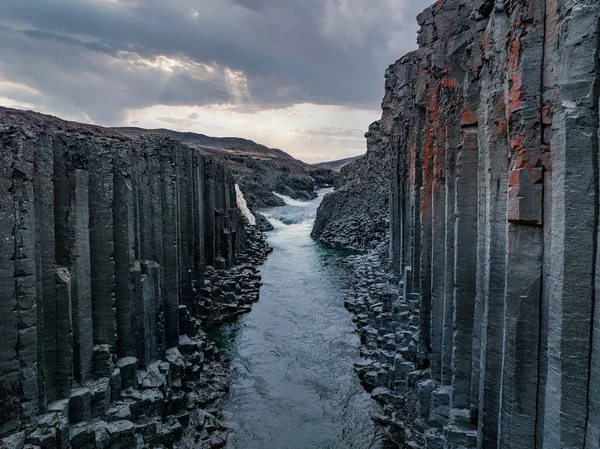 Epic Air View Studlagil Basalt Canyon Island Jedna Nejkrásnějších Přírodních — Stock fotografie