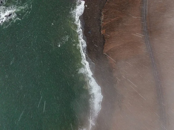 Luchtfoto Ijslands Landschap Bij Ketubjorg Avondschemering Bewolkte Kustlijn Oceaan Grasland — Stockfoto