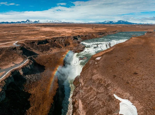 Panoramiczny Widok Lotu Ptaka Popularnej Miejscowości Turystycznej Wodospad Gullfoss Dramatyczna — Zdjęcie stockowe