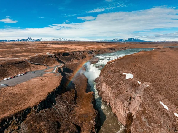 热门旅游胜地的全景空中景观 古尔佛斯瀑布 赫维塔河上的一个戏剧性的春天 美丽的冰岛 旅行概念背景 — 图库照片