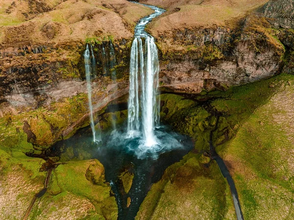 Vista Aérea Del Seljalandsfoss Situado Región Sur Islandia Justo Por —  Fotos de Stock