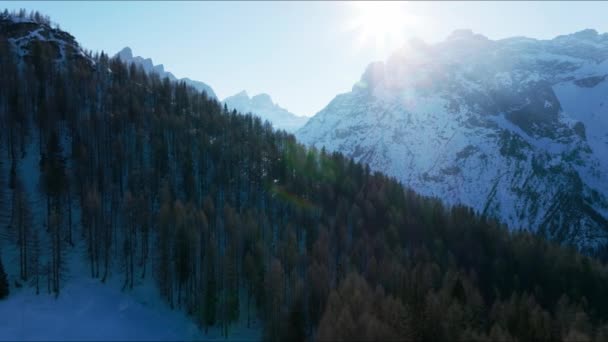 Flygfoto Över Vackra Alpina Bergen Italien Dolomit Vinterberg Nära Zinnen — Stockvideo