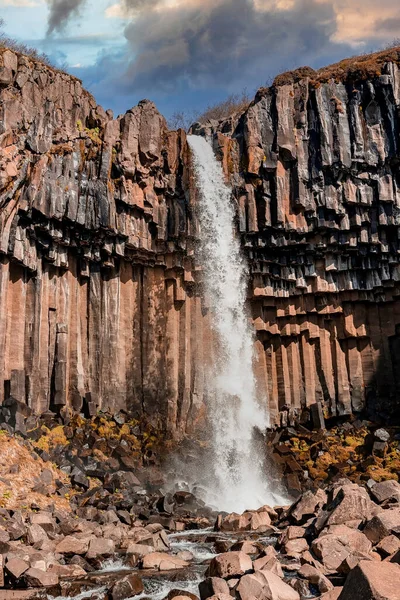 Powerful Cascades Svartifoss Waterfall Amidst Basalt Columns Formation Stream Flowing — Stock Photo, Image