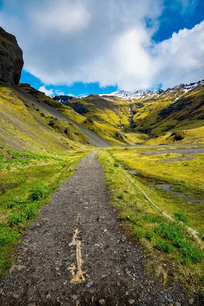 緑の苔に覆われた火山の風景の中の道 曇り空に対する山脈の美しい景色 アルパイン地方の牧歌的な渓谷の風景 — ストック写真