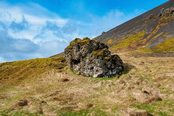 Close Rock Formation Grassy Landscape View Green Mountain Reykjadalur Valley — Stock Photo, Image