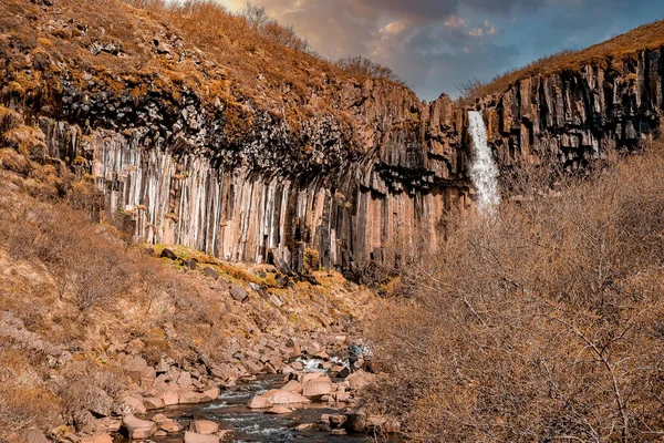 Bazalt Kaya Sütunlarının Ortasındaki Güzel Svartifoss Şelalesi Kayalıklardan Bulutlu Gökyüzüne — Stok fotoğraf