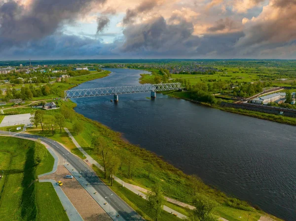 Indah Panorama Udara Gambar Kota Daugavpils Dan Sungai Daugava Pada — Stok Foto