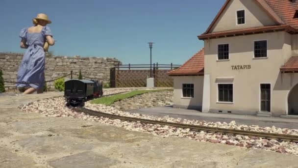 Model Railway Station Track Displaying Park Sunny Day Miniature Train — Stock Video