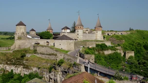 Scenic View Ancient Kamianets Podilskyi Castle Field Sky Road Traffic — Stock Video