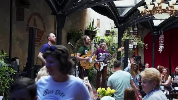 Orchestra Singing People Enjoying Time Tables Restaurant Lviv Ukraine — Stock Video