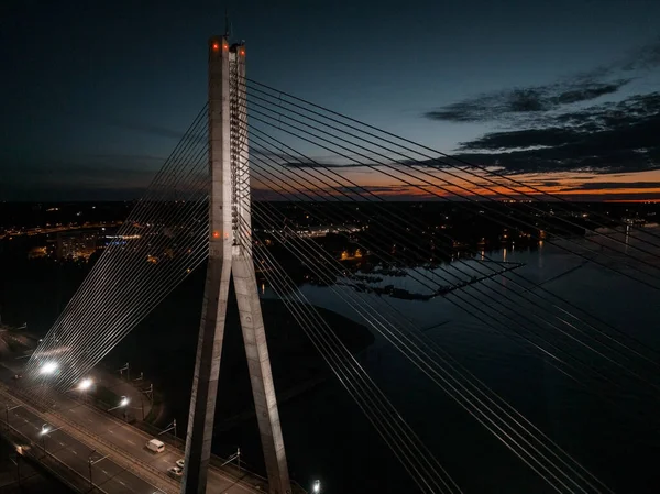 Vue Panoramique Aérienne Pont Riga Travers Rivière Daugava Nuit Pont — Photo