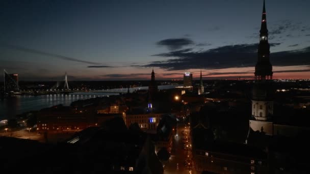Letecké Panoramatické Město Riga Noci Krásné Noční Staré Město Městskými — Stock video
