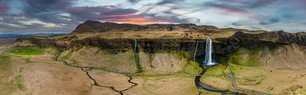 Vista Aérea Seljalandsfoss Localizado Região Sul Islândia Bem Perto Rota — Fotografia de Stock