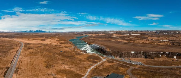 Panorámás Légi Kilátás Népszerű Turisztikai Célpont Gullfoss Vízesés Drámai Tavasz — Stock Fotó