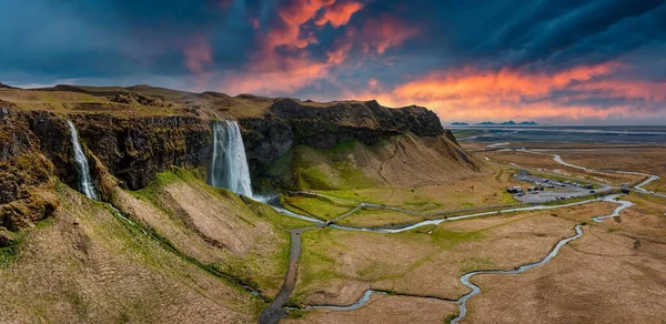 Αεροφωτογραφία Του Seljalandsfoss Που Βρίσκεται Στη Νότια Περιοχή Της Ισλανδίας — Φωτογραφία Αρχείου