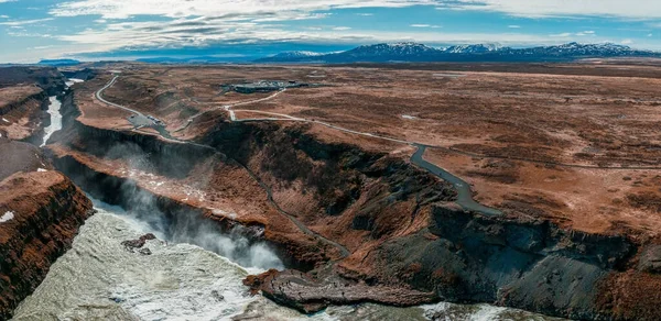 Panoramic Aerial View Popular Tourist Destination Gullfoss Waterfall Dramatic Spring — Stock Photo, Image