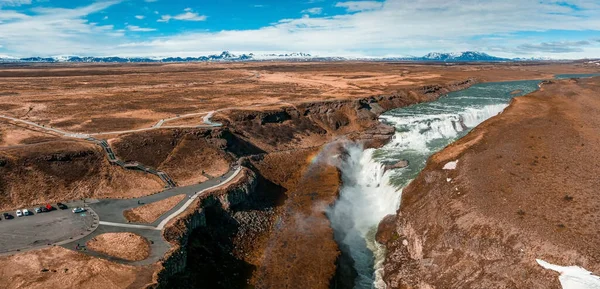 Panoramic Aerial View Popular Tourist Destination Gullfoss Waterfall Dramatic Spring — Stock Photo, Image