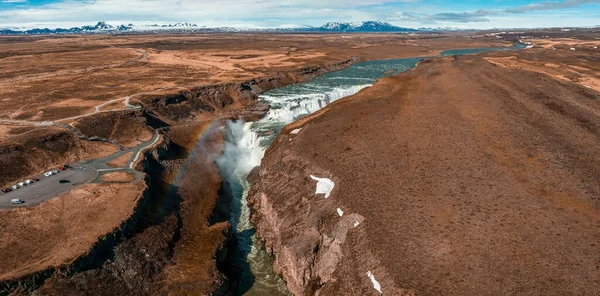 热门旅游胜地的全景空中景观 古尔佛斯瀑布 赫维塔河上的一个戏剧性的春天 美丽的冰岛 旅行概念背景 — 图库照片