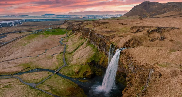 Αεροφωτογραφία Του Seljalandsfoss Που Βρίσκεται Στη Νότια Περιοχή Της Ισλανδίας — Φωτογραφία Αρχείου