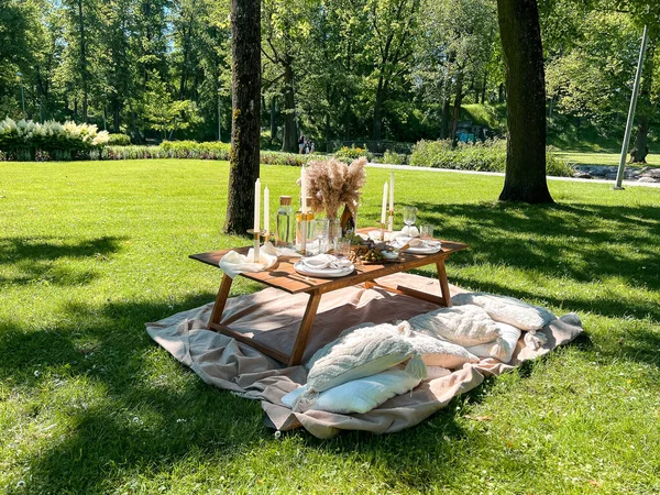 Prachtige Picknicktafel Met Een Wijn Snacks Fruit Een Prachtig Veld — Stockfoto