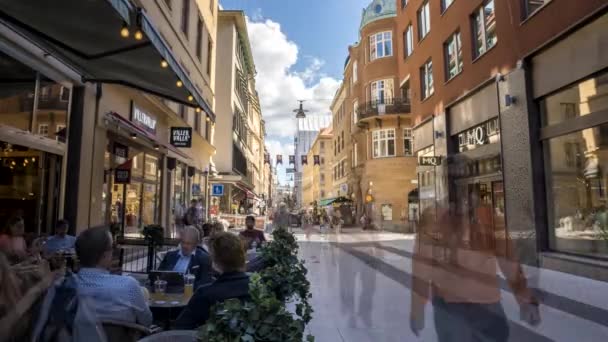 Narrow Streets Old Town Stockholm Sweden People Enjoying Coffee Sitting — Stock Video