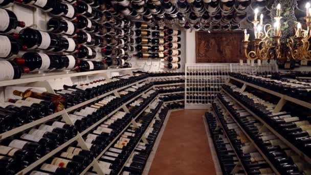 現代のワイン店でバンカーでショットグラスとワインボトル ワイナリーで伝統的なワイン造りの概念 ブドウ畑やレストランでのワインの大規模な貯蔵 — ストック動画
