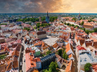 Tallinn 'in eski kasabasının güzel hava manzarası. Kuzey Avrupa 'nın ortaçağ şehri. Estonya 'nın başkenti. Güzel Tallinn bir yaz gününde.