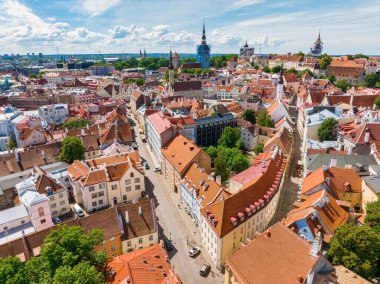Tallinn 'in eski kasabasının güzel hava manzarası. Kuzey Avrupa 'nın ortaçağ şehri. Estonya 'nın başkenti. Güzel Tallinn bir yaz gününde.