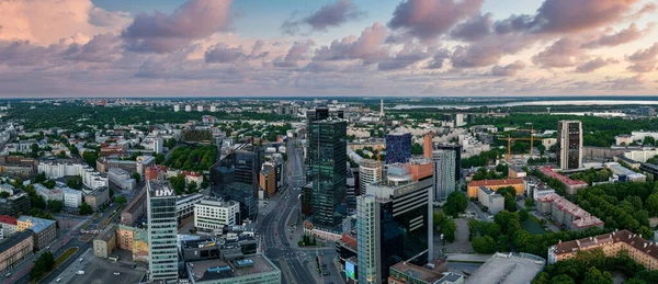 Aerial view of the Tallinn business center in the evening. Beautiful business district in Tallinn, Estonia.