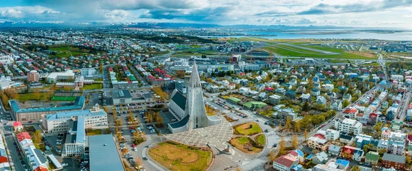 Beautiful aerial view of Reykjavik, Iceland on a sunny summer day. Panoramic view of Reykjavik