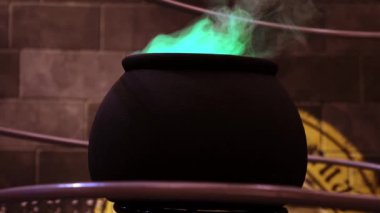 Cadılar Bayramı için sihirli iksirleri ve kitapları olan klasik cadı kazanı. Harry Potter tarzında sihirli bir saksı..