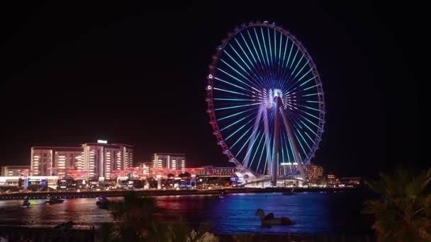 Hermoso Ojo Dubai Rueda Ferris Ain Dubai Playa Jumeirah Iluminada — Vídeo de stock