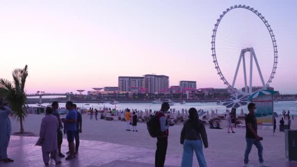 美丽的迪拜风眼或艾因迪拜摩天轮在朱美拉海滩夕阳西下 世界上最大的摩天轮 艾因迪拜 是个旅游胜地 — 图库视频影像