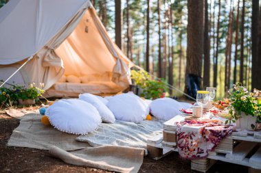 Boho tarzında güzel beyaz bir dekor. Doğada piknik, masa, halılar, çadır, parkta yastıklar. Doğa konseptinde tatiller.