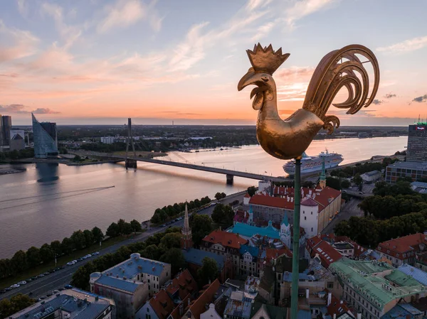 Golden Cock Top Dome Cathedral Sunset Riga Beautiful Aerial View — Zdjęcie stockowe