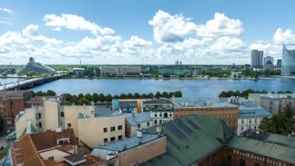 Aerial Cityscape Riga Old Town Beautiful Sunny Day Clouds Going — Stockvideo