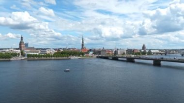 Aerial cityscape of the Riga old town . Beautiful sunny day with clouds going over the center of the city. Beautiful Riga, Latvia.