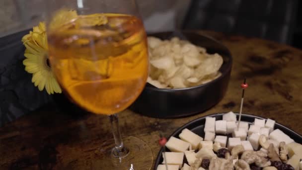 Traditional Italian Aperitif Cheese Nuts Aperol Spritz Drink Wooden Table — Stock Video