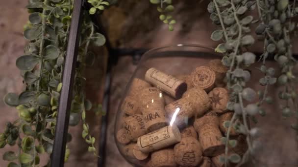 Falling Wine Corks Wine Bottles Glass Jar Wine Concept Interior — Wideo stockowe