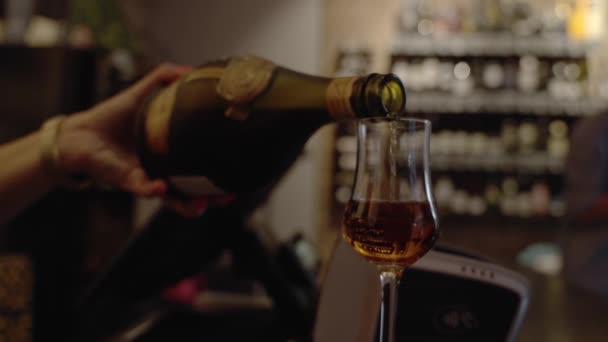 Bartender Bottle Alcoholic Spiritous Drink Pouring Whiskey Glass Slow Motion — Stockvideo