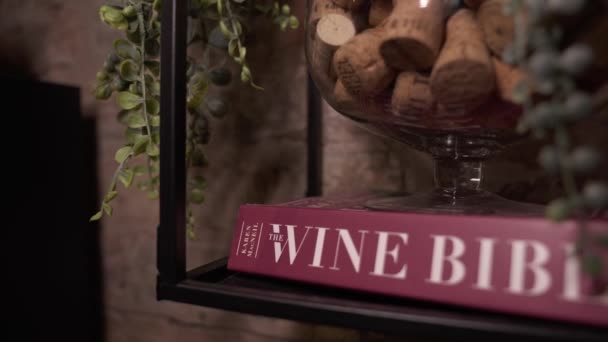 Falling Wine Corks Wine Bottles Glass Jar Wine Concept Interior — Stockvideo