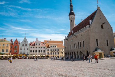 Travelers walking by church while exploring market at city square in Tallinn. People wandering on cobblestone street in old historic town. View of residential buildings against sky during sunny day.