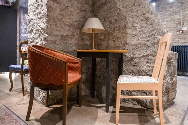 Comfortable Chairs Table Textured Wall Lobby Beautiful Interior Empty Rustic — 스톡 사진