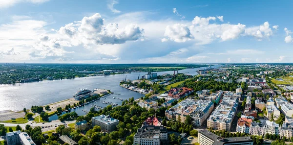 Aerial panoramic view of the center of Riga. Close up panoramic view of the cathedral with Riga old town in the background.