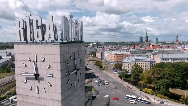 Veduta Aerea Della Stazione Centrale Riga Torre Con Nome Della — Video Stock